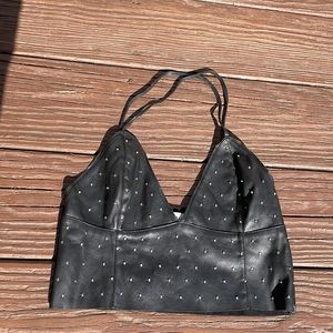 -black faux leather metal studded crop top